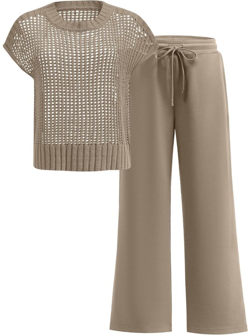 🆕Women Khaki Two Piece Outfits Crochet Sheer Knit Sweater Top Wide Leg Pants